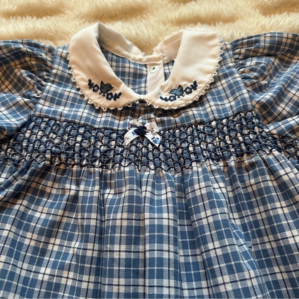 Vintage Carter’s Baby Girl Collar Blue Plaid Smocked Classic Romper 12-18m - Picture 3 of 11